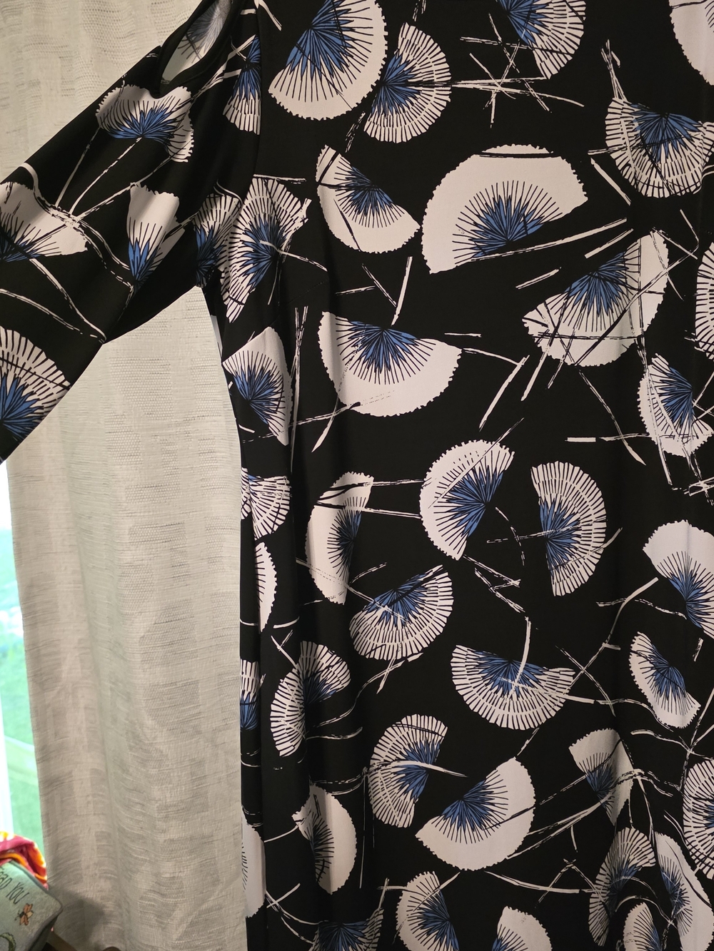 JM Collection Black Tunic with Blue and White Fan Print